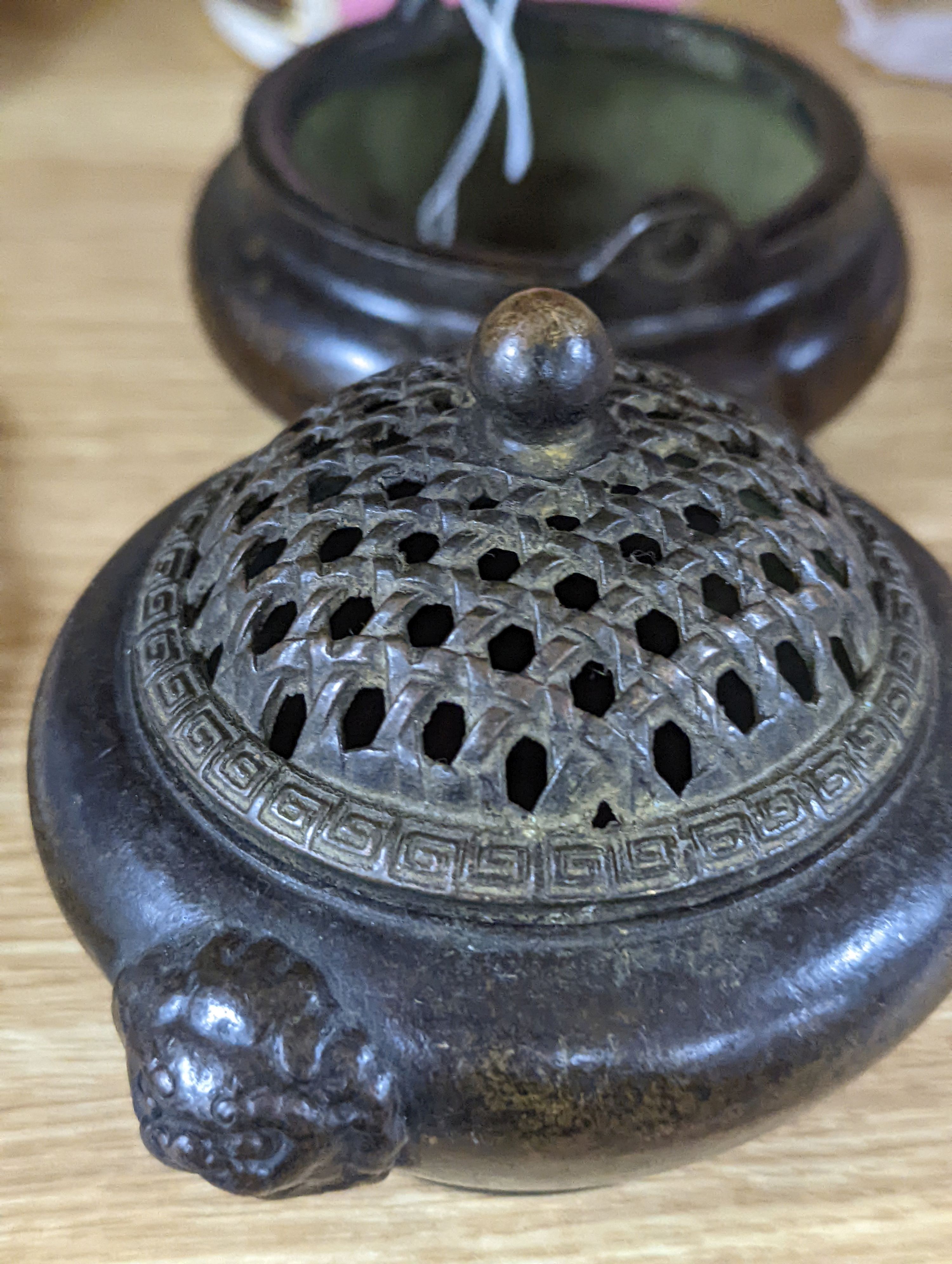 A Chinese bronze tripod censer and a Chinese bronze censer and cover 11cm